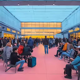 people are waiting in the lobby of an airport