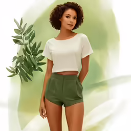 an attractive woman in shorts posing with a plant