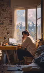 a woman is sitting at a desk and working on her laptop