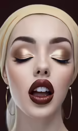 a blonde woman with red lipstick and makeup has her eyes closed