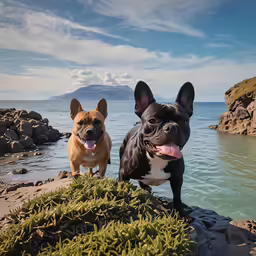 two dogs standing on some rocks near the water