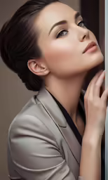 a woman leans against a wall and looks upward