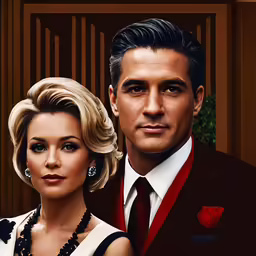 two people in dress clothes, one with short hair and the other with an up do
