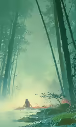 a painting of a person in a foggy forest