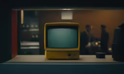 the monitor is sitting on the table near the speakers