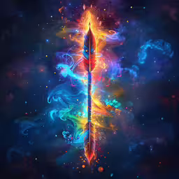 abstract digital artwork of a sword,a very large colorful sword in space with some interesting design