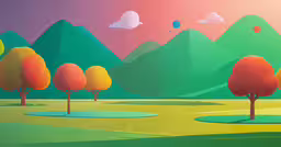 the landscape is colorful and vibrant and it looks like an oil painting,trees and mountains in an abstract landscape of a green field and blue mountains with yellow and red trees