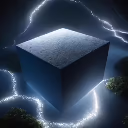 a large cube on a dark surface with some lights