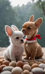 two small dogs sitting in front of large rocks