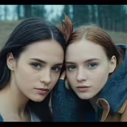 two women in coats are staring into the camera