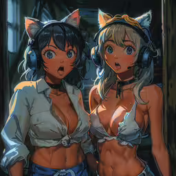 two girls in headphones standing with their backs to each other,two anime characters wearing headphones in the video game