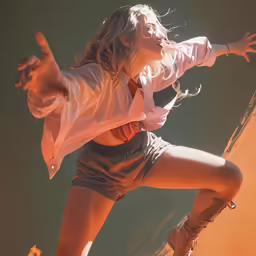 a blonde woman is jumping in the air