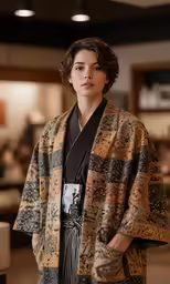 a person standing in a room with a jacket over her shoulders