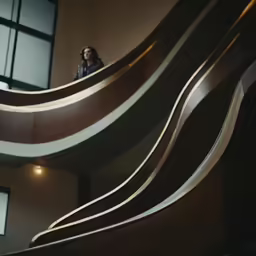 a woman looking at a staircase at night