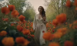 a woman walking through a field of flowers