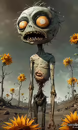 a dead looking cartoon character standing in a field of flowers