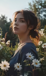 young woman looking up at daisies in an urban field