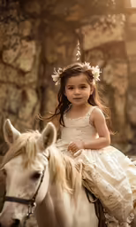 a little girl in a white dress rides a horse
