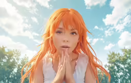 a young woman with red hair and a smirk on her face