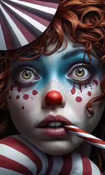 a girl with red hair and clown makeup has her eyes painted