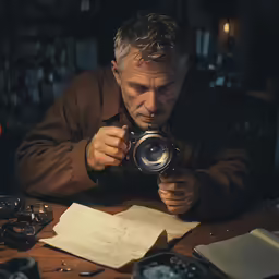 man with camera looking at papers and notes
