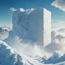 the large cube is surrounded by clouds and mountains