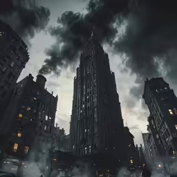 a city with tall buildings under a cloudy sky