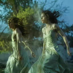a couple of girls wearing white dresses are running down the road