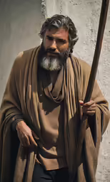 an old man wearing a brown robe holding a stick
