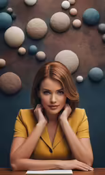 a woman sitting at a desk looking over her shoulder