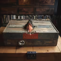 a trunk is on top of a table with a skull sitting on the lid