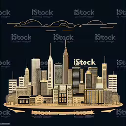 a city with skyscrapers, clouds and an inscription in black and white,the city in an abstract manner with a text in front of it
