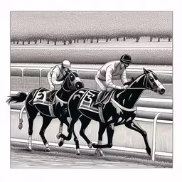 black and white image of jockeys racing horses,an ink drawing of two horse racing jockeys riding down the track