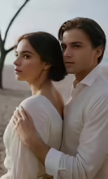 a man and a woman hugging together at the beach