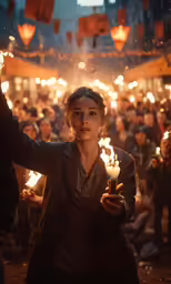 a woman holds up candles in her hand while others look on