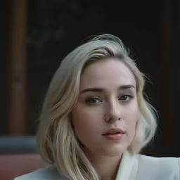 a close up of a person with blonde hair