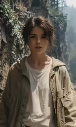 a woman with long hair and an army green jacket