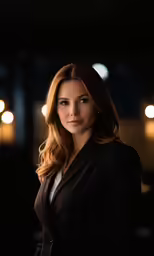 an attractive young woman in a business suit with lighting in the background