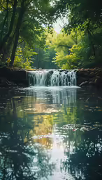 a stream with trees in the background and water flowing down it
