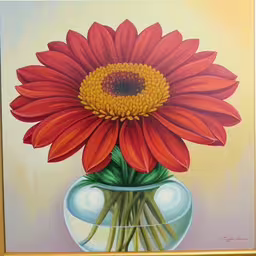 a painting of two flowers in a clear vase,a picture of a flower that has been painted
