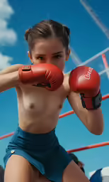 a young woman wearing boxing gloves is posing