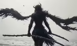 a person with big, black feathers stands by the water
