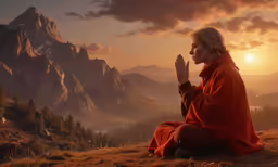 a monk meditates during the day in front of a mountain range