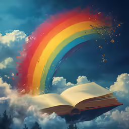 a book floating on the air in front of a rainbow