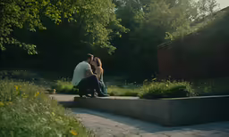 two adults, a child and an adult sitting outside a house