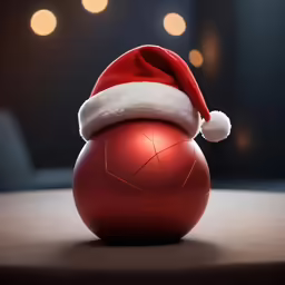 a small christmas ball that is red and wearing a santa hat