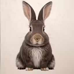 a brown and white rabbit is looking directly into the camera