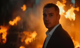 a close up of a man wearing a suit in front of fire