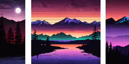 three color images with mountains and water in each,the three pictures have different scenerys for each type of image