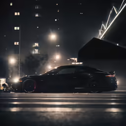a black sports car parked at night in a parking lot